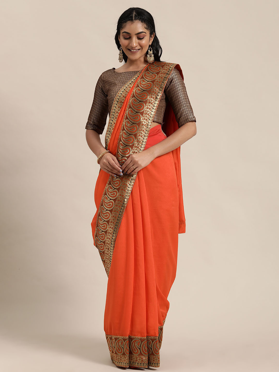 

Shaily Orange Solid Brocade Lace Saree
