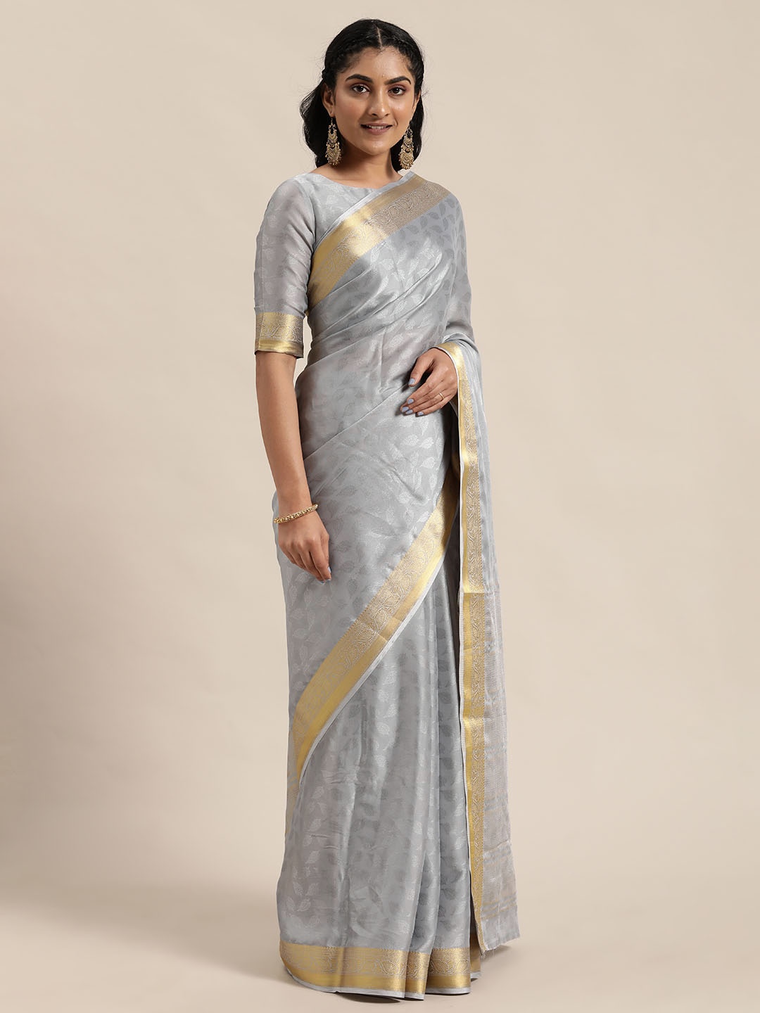 

Shaily Grey Solid Woven Zari Saree