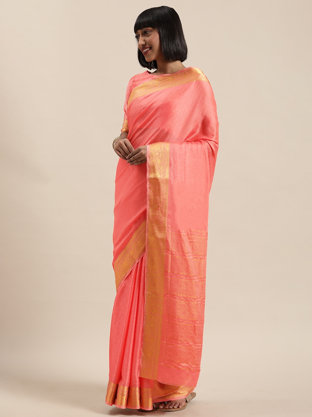 

Shaily Peach-Coloured Woven Design Silk Blend Saree