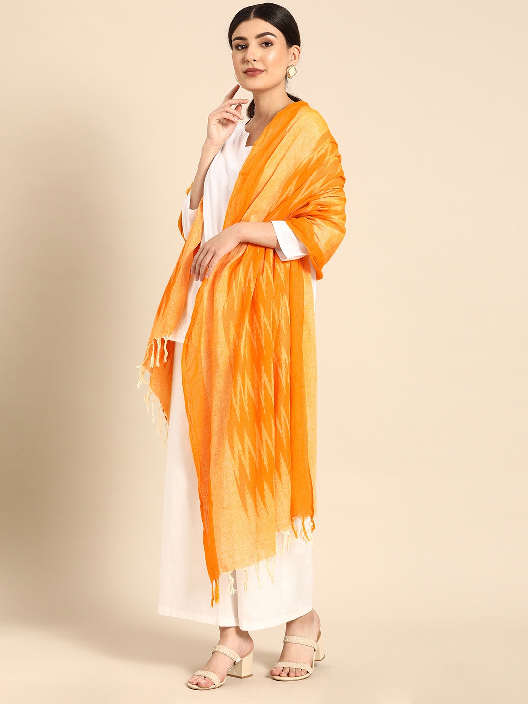 

Shaily Orange Ikat Printed Dupatta