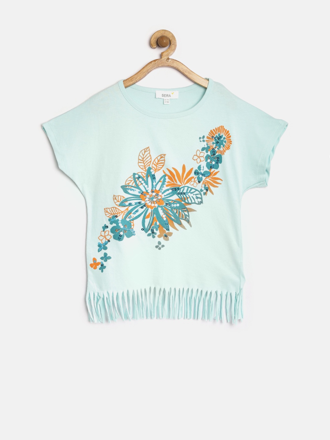 

Sera Girls Mint Green Sequinned Printed Top