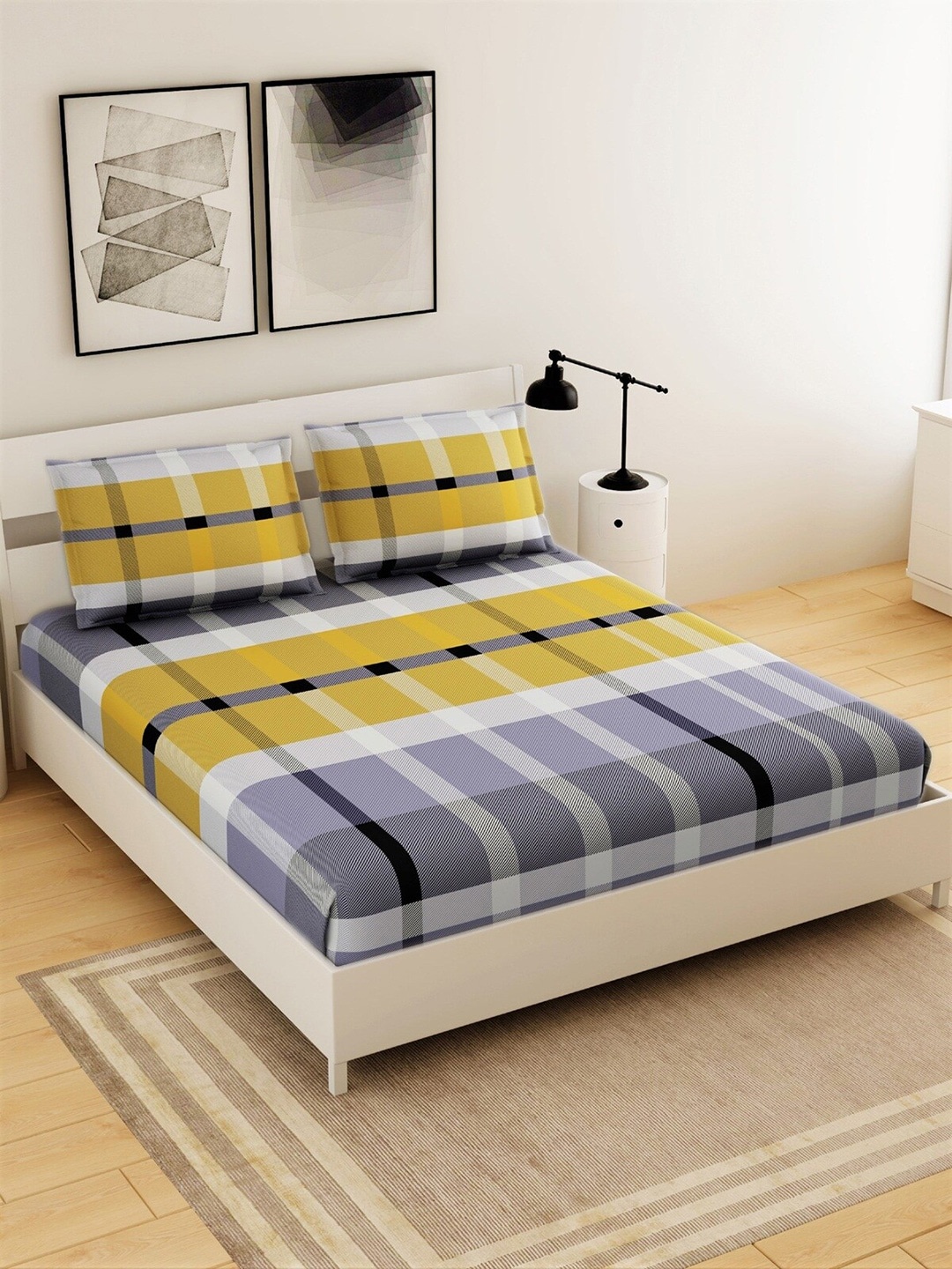 

Salona Bichona Grey & Yellow Geometric 144 TC Polyester 1 Queen Bedsheet with 2 Pillow Covers