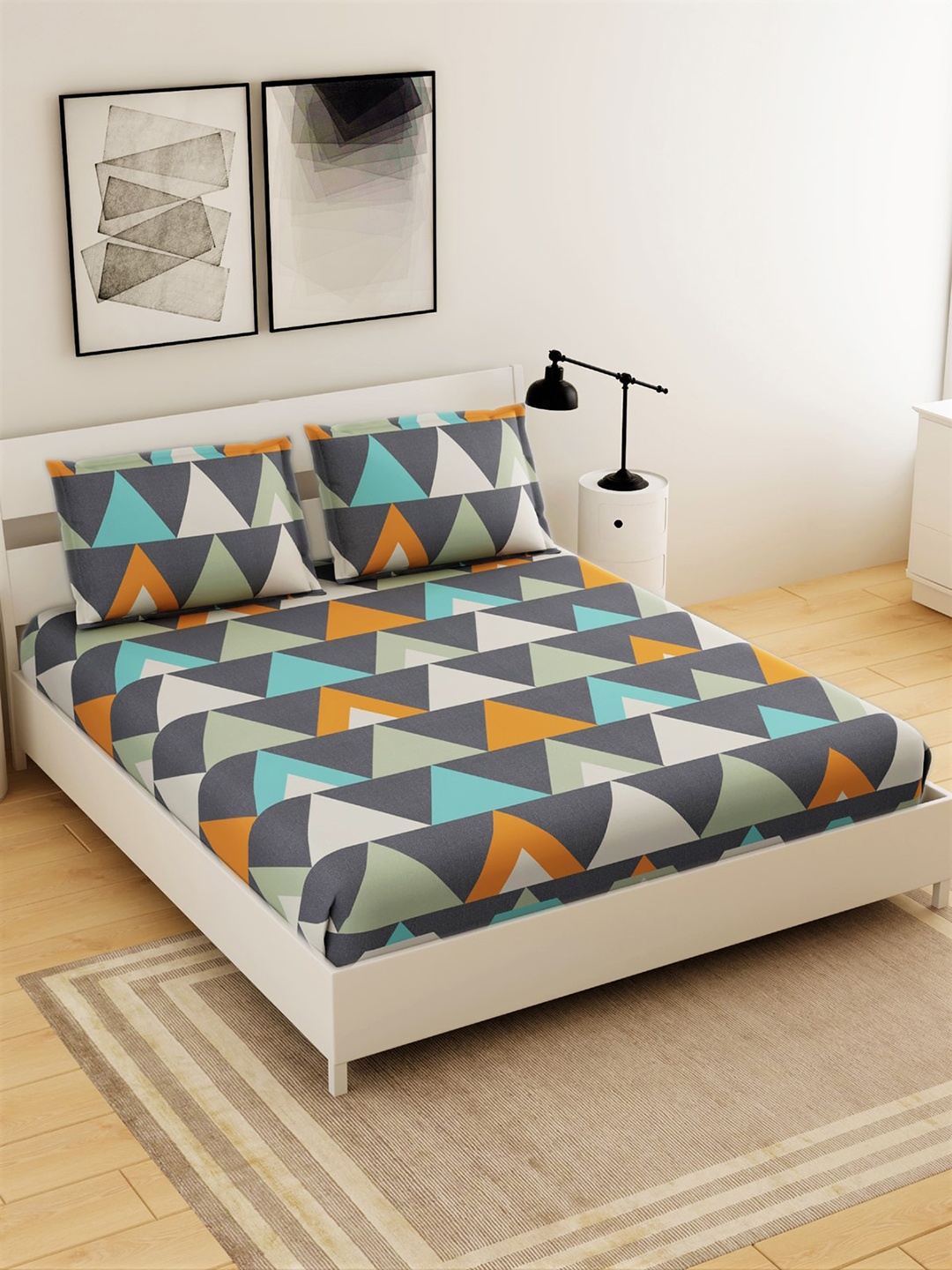 

Salona Bichona Grey & Blue Geometric 144 TC Polyester 1 Queen Bedsheet with 2 Pillow Covers