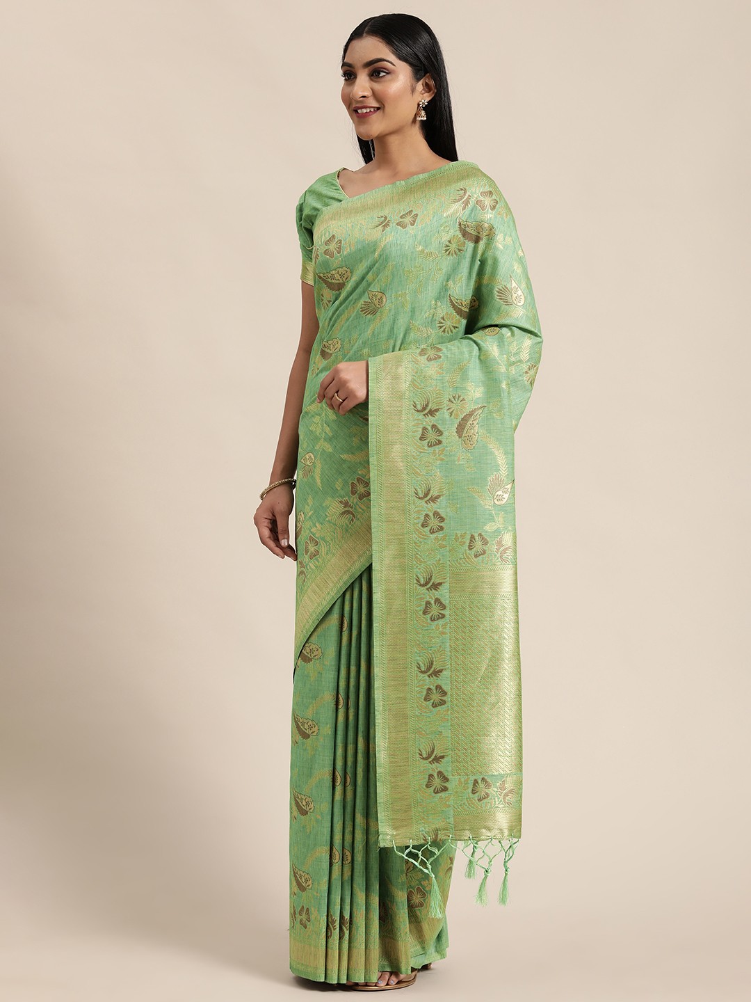 

flaher Green & Gold-Toned Art Silk Woven Design Banarasi Saree