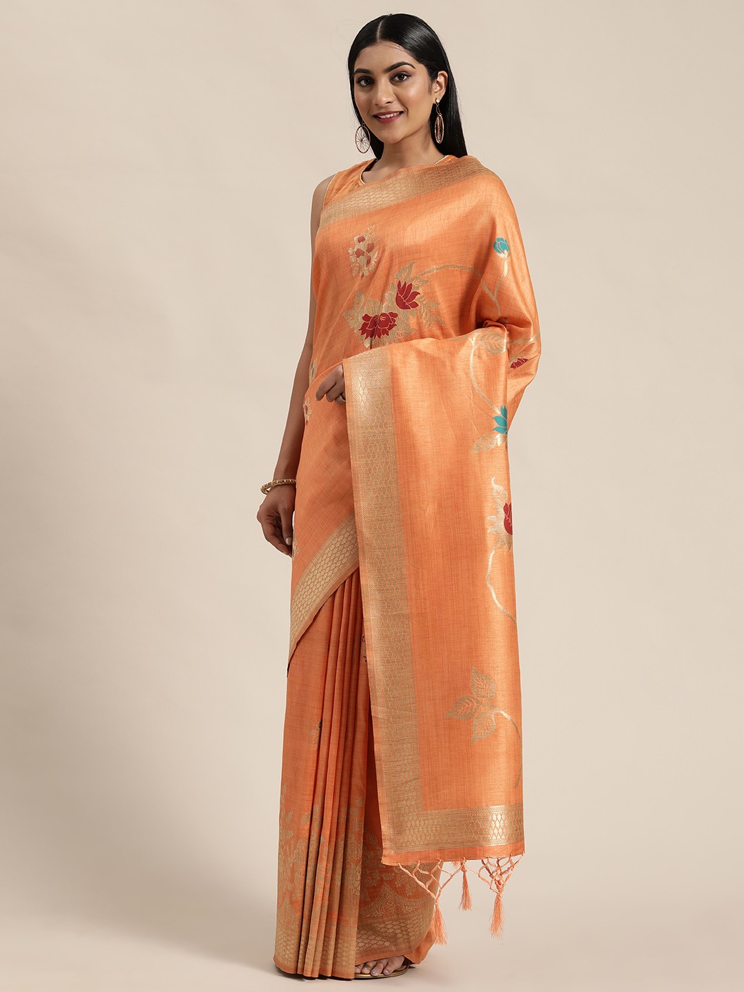

flaher Peach-Coloured & Maroon Floral Printed Banarasi Saree