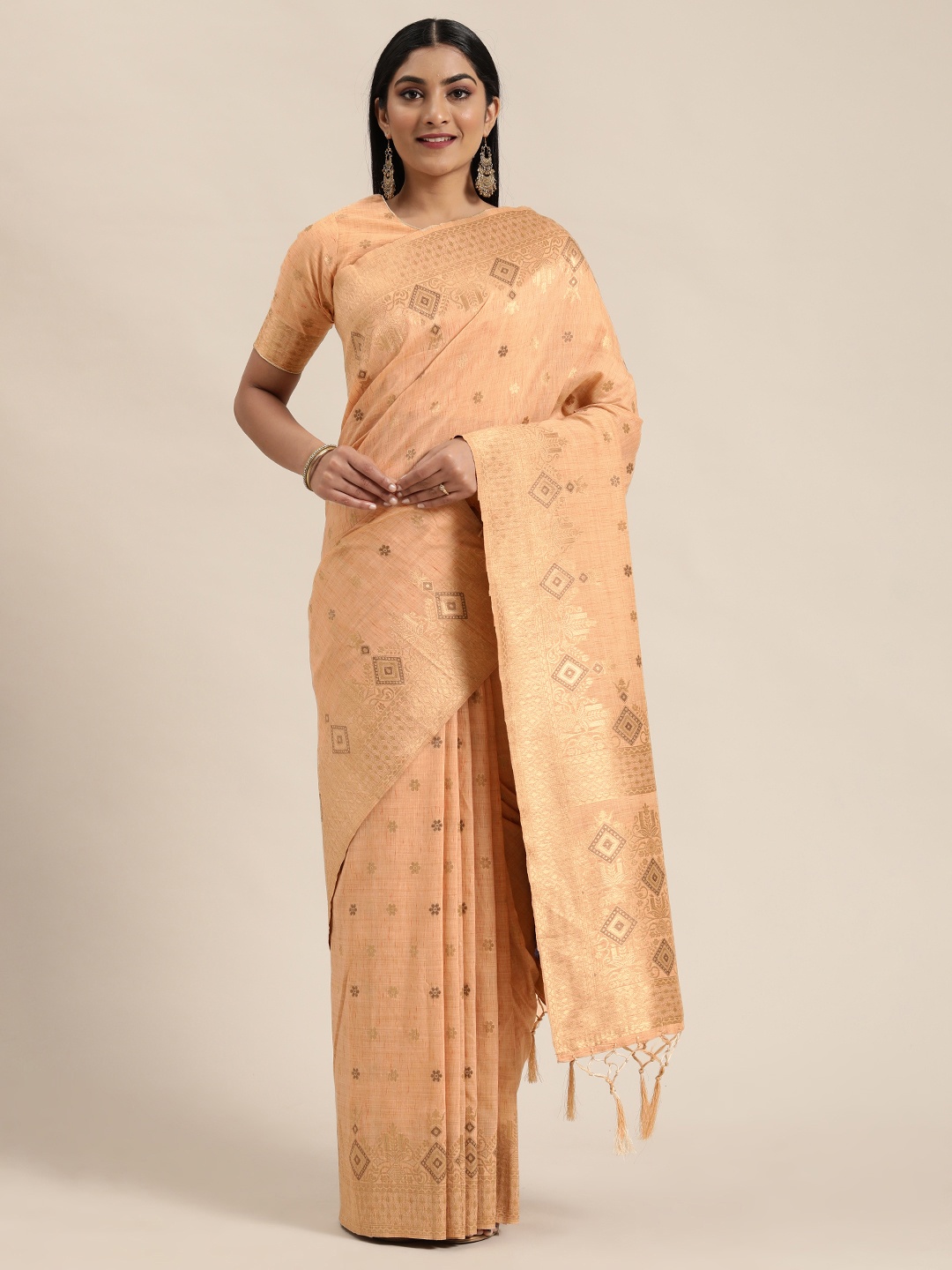 

flaher Peach-Coloured & Gold-Toned Woven Design Banarasi Saree