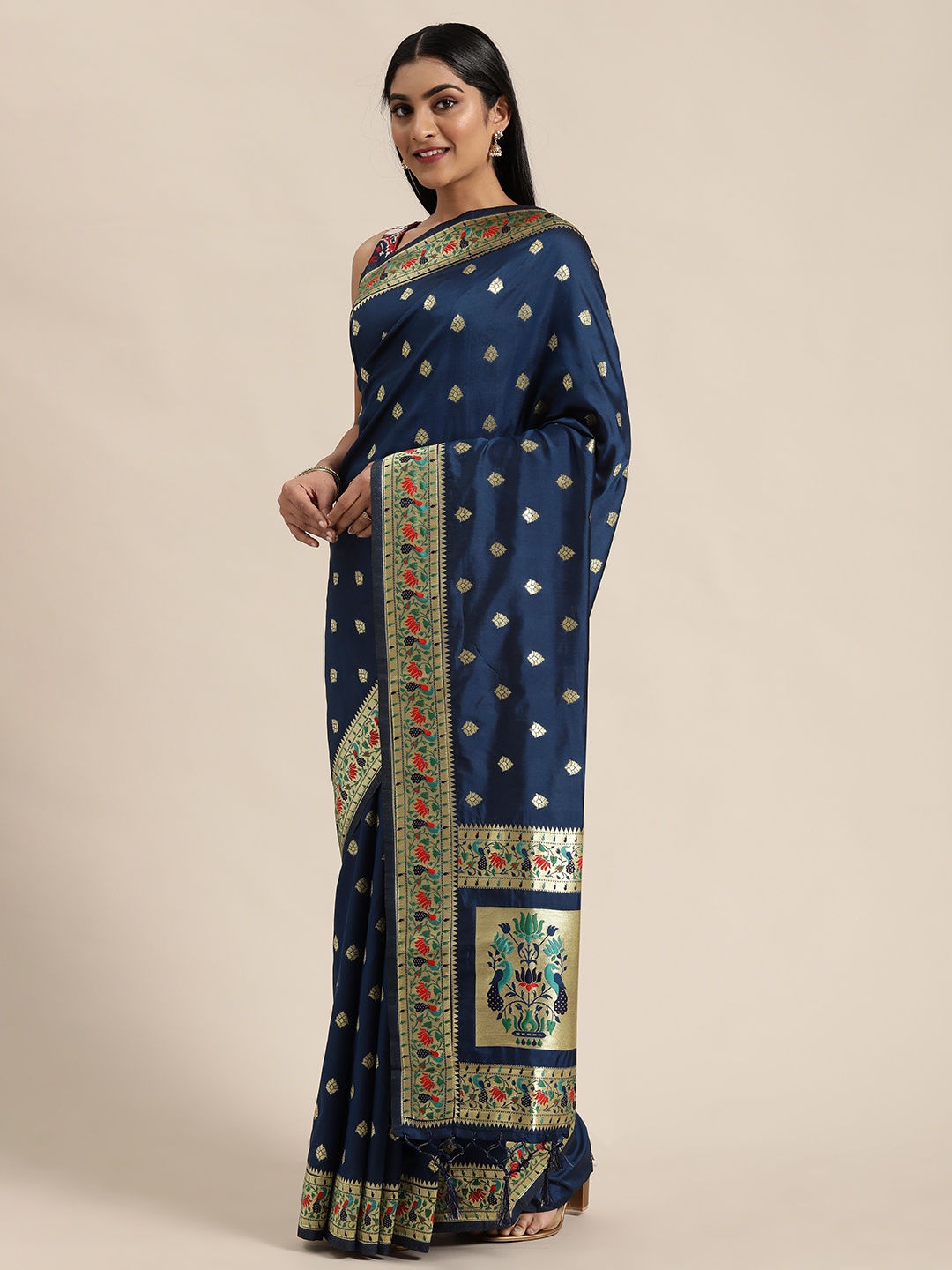 

flaher Navy Blue & Gold-Toned Art Silk Woven Design Banarasi Saree