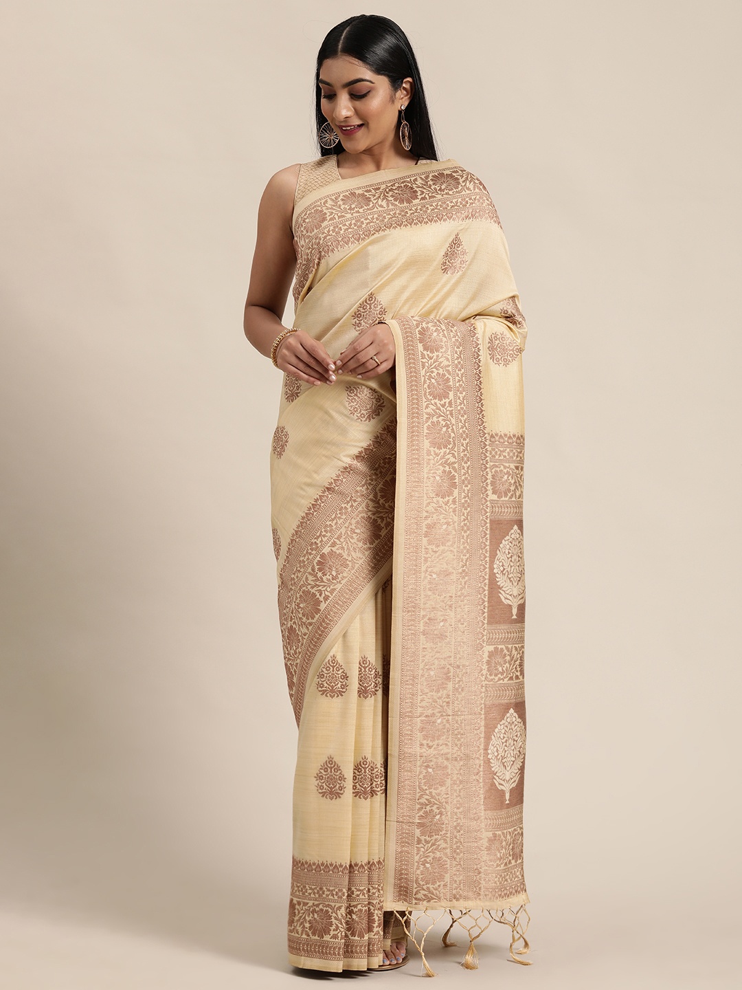 

flaher Cream-Coloured & Beige Woven Design Banarasi Saree