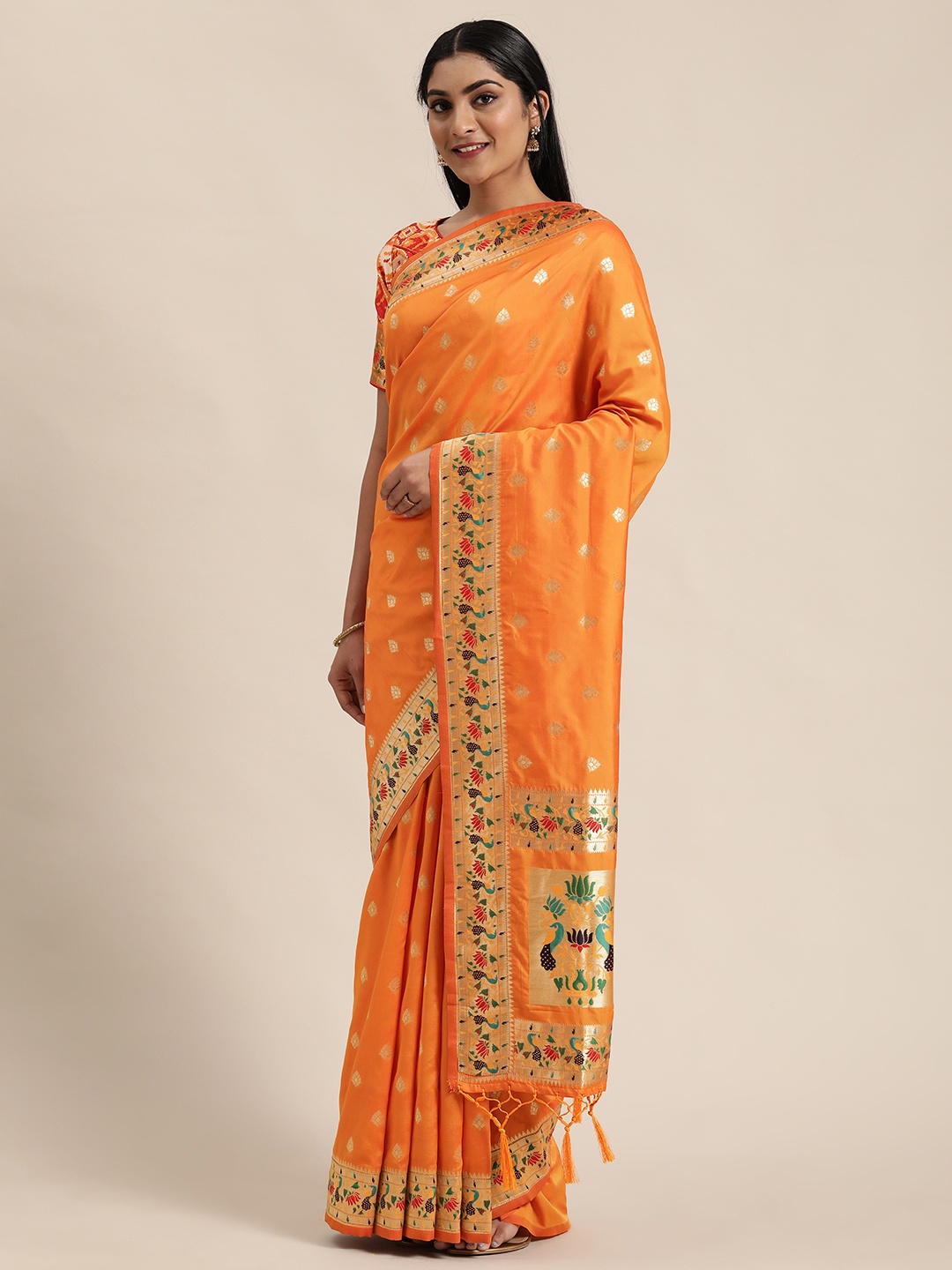 

flaher Yellow & Gold-Toned Art Silk Woven Design Banarasi Saree