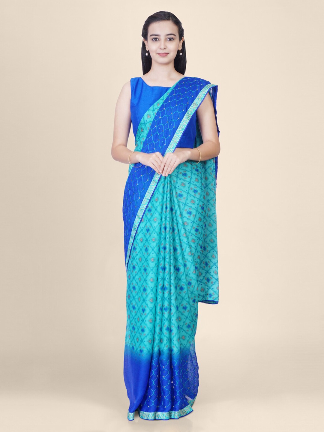 

Hastakala Sea Green Pure Chiffon Printed Banarasi Saree