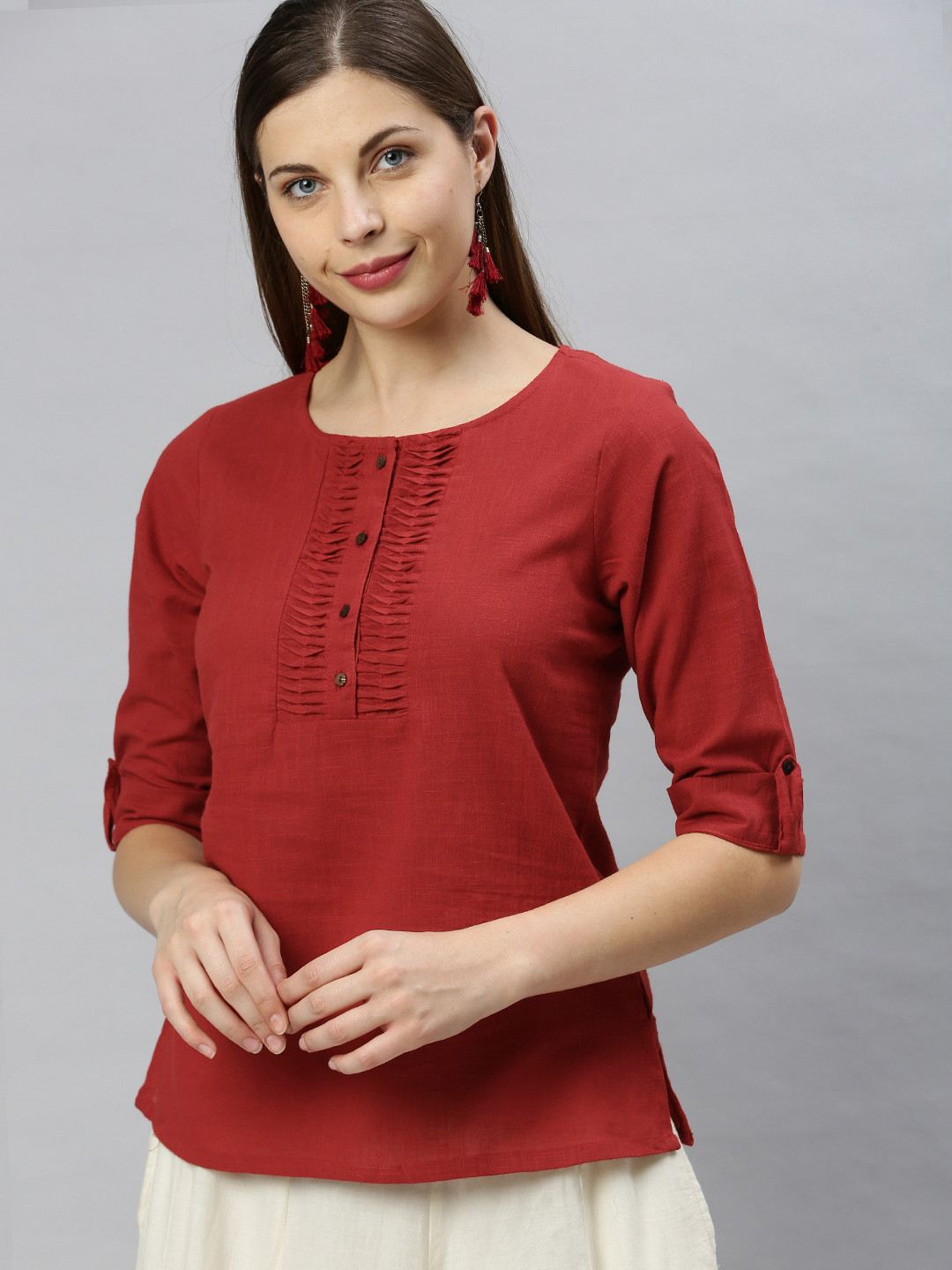 

Janasya Maroon Roll-Up Sleeves Top