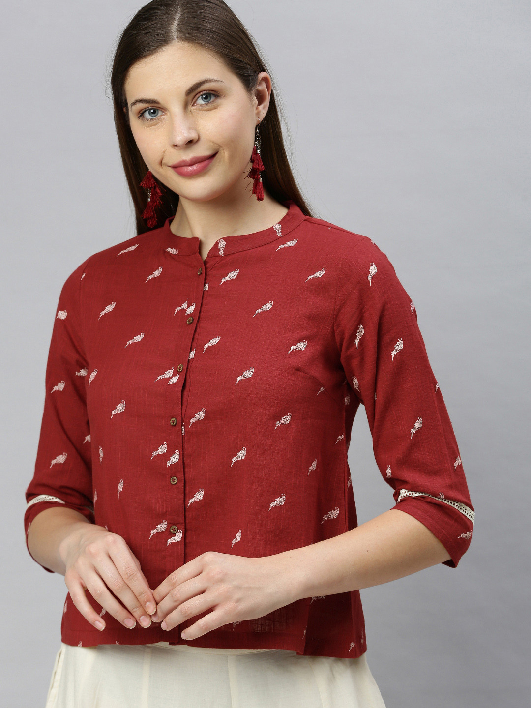 

Janasya Maroon Printed Mandarin Collar Shirt Style Top
