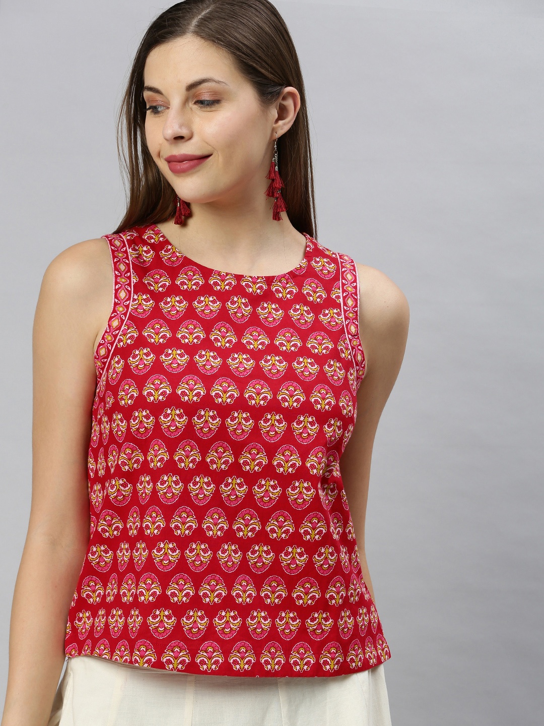 

Janasya Pure Cotton Floral Print Regular Top, Red