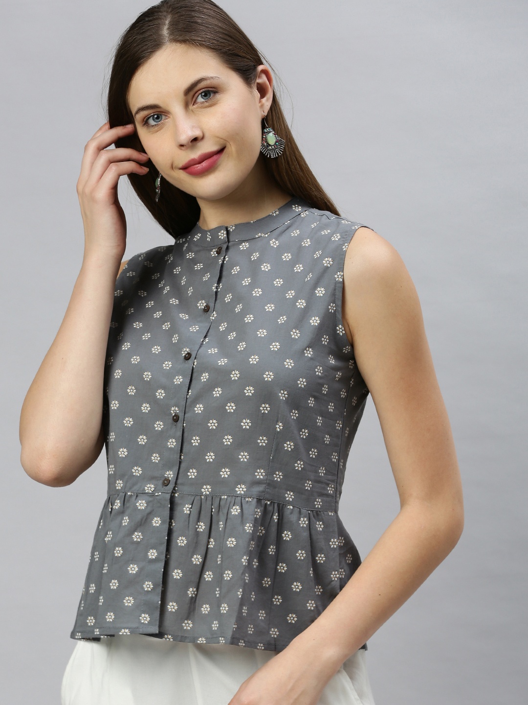 

Janasya Grey Floral Printed Mandarin Collar Peplum Top