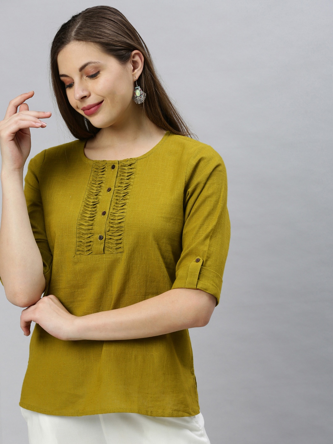 

Janasya Green Roll-Up Sleeves Top