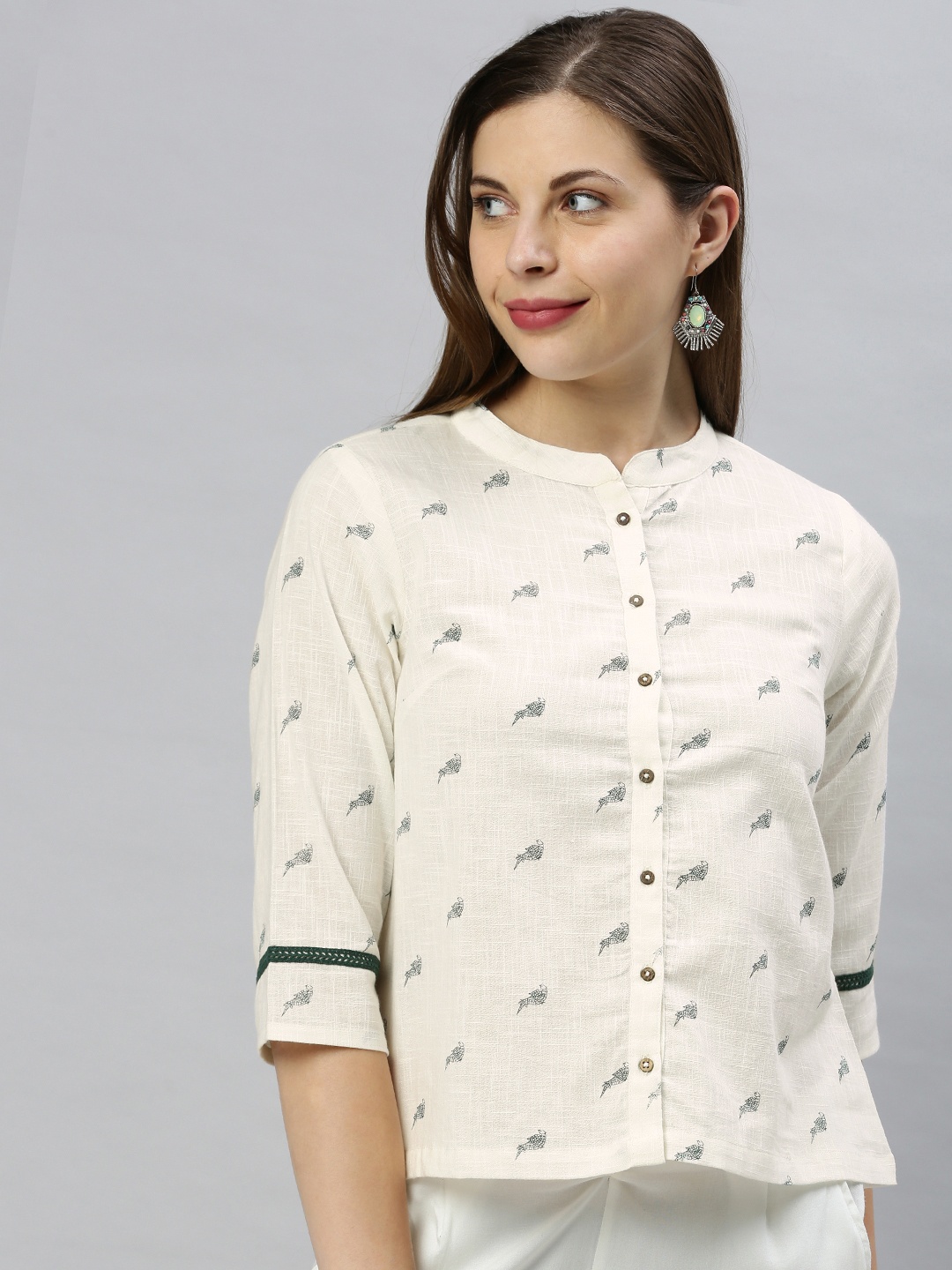 

Janasya Women Off White & Black Printed Mandarin Collar Shirt Style Top