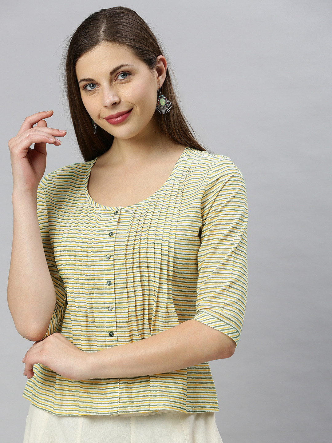 

Janasya Women Cream-Coloured & Yellow Striped Shirt Style Top