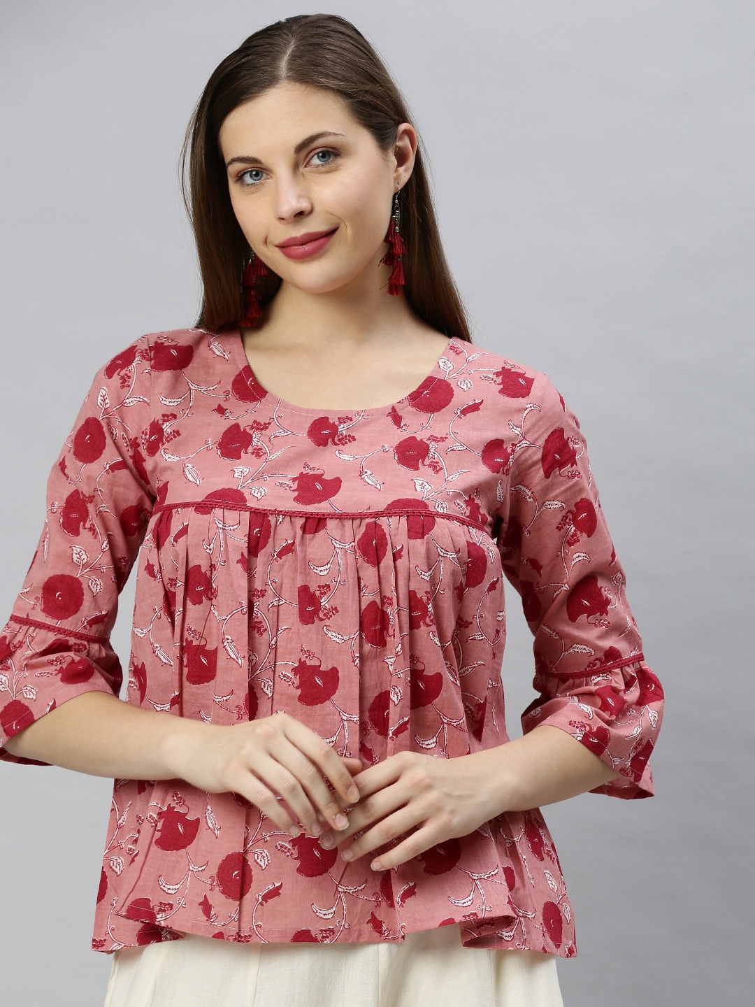 

Janasya Women Pink & Maroon Floral Printed Bell Sleeves Empire Top