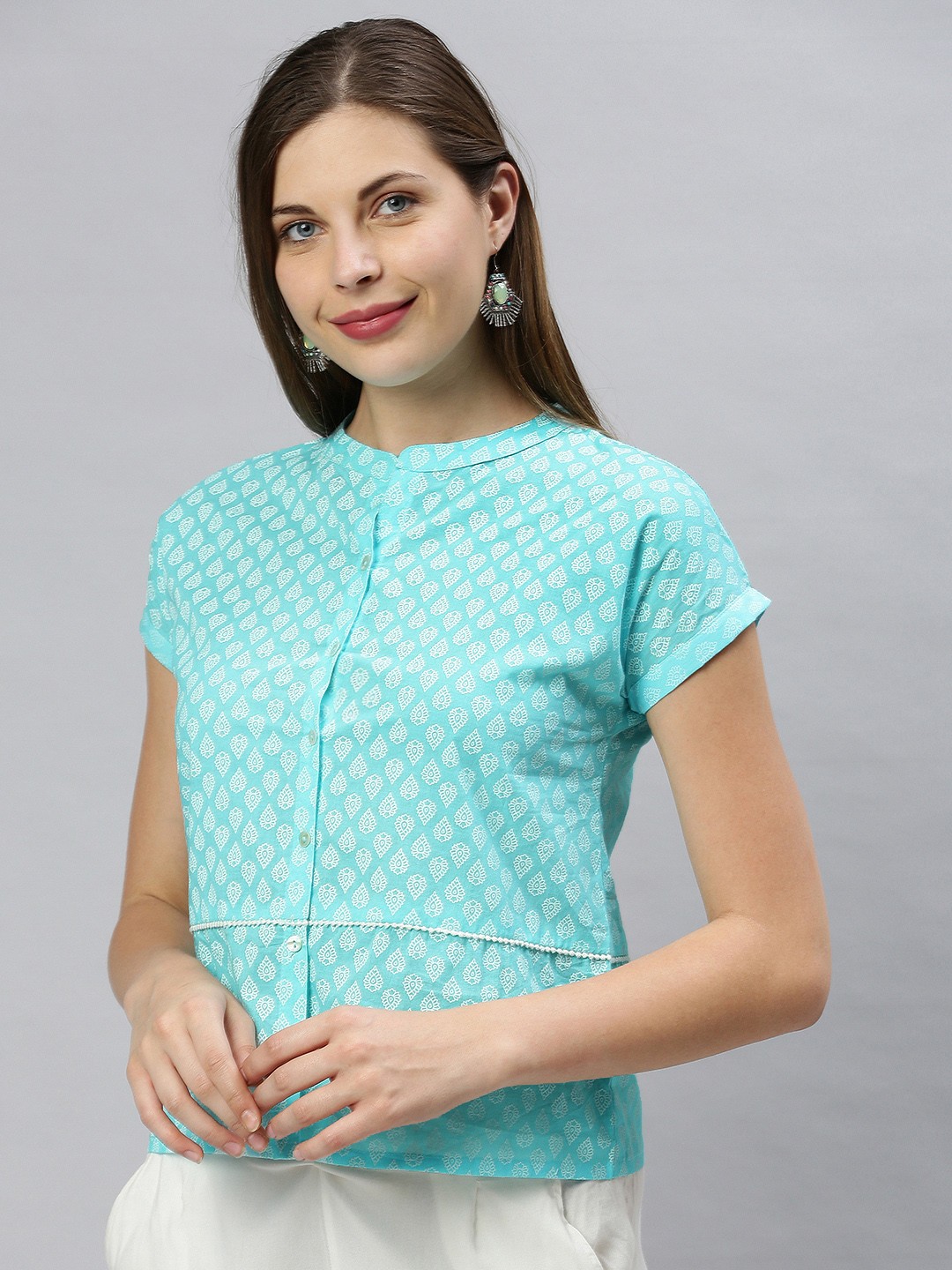 

Janasya Women Blue & White Printed Mandarin Collar Shirt Style Top