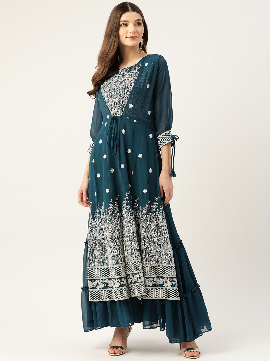 

Kvsfab Women Teal Green Georgette Sequins Embroidered Party Wear Gown