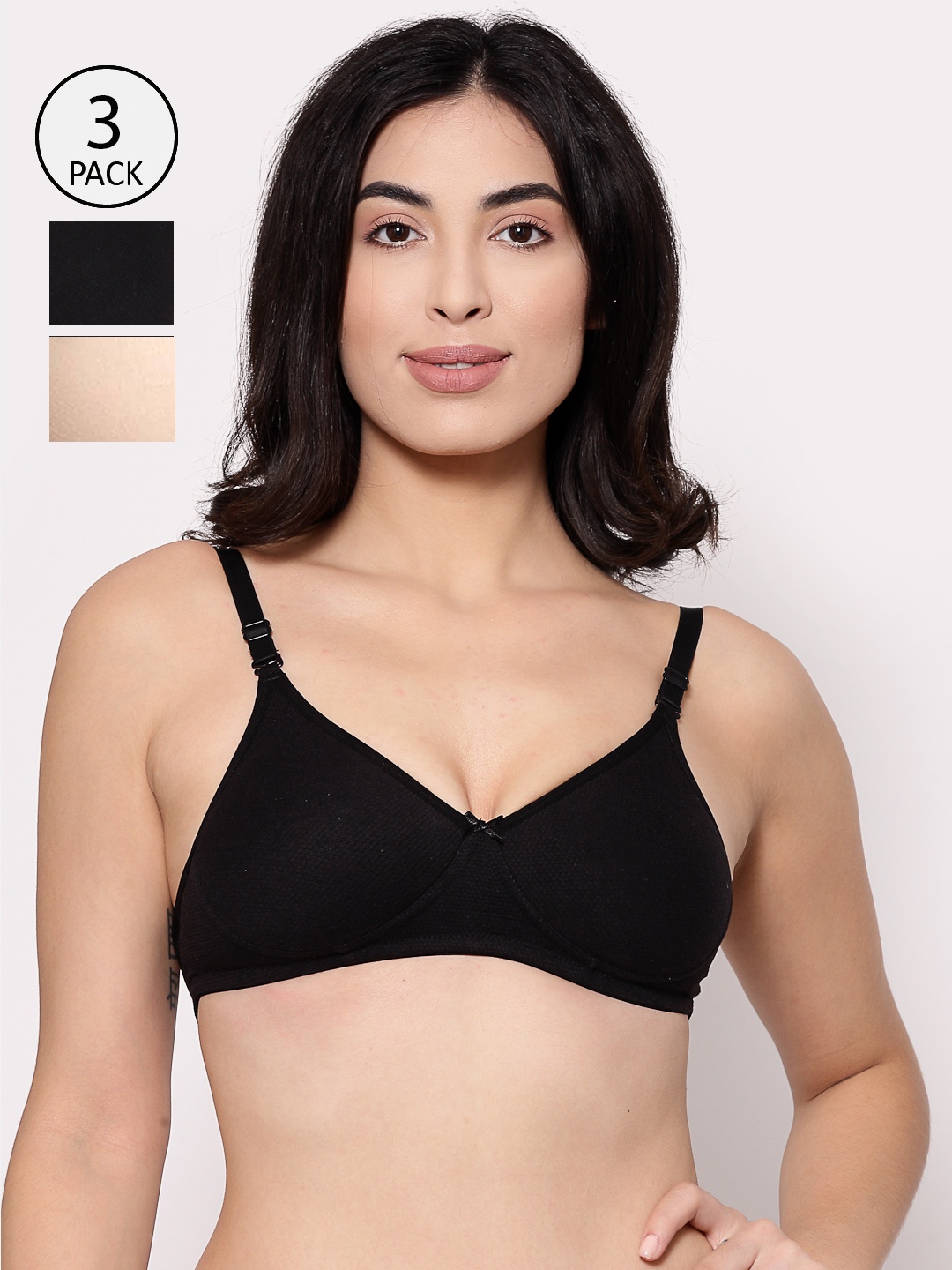 

Inner Sense Nude-Coloured & Black Set of 3 Solid T-shirt Bra ISB100-Black_Black_Skin