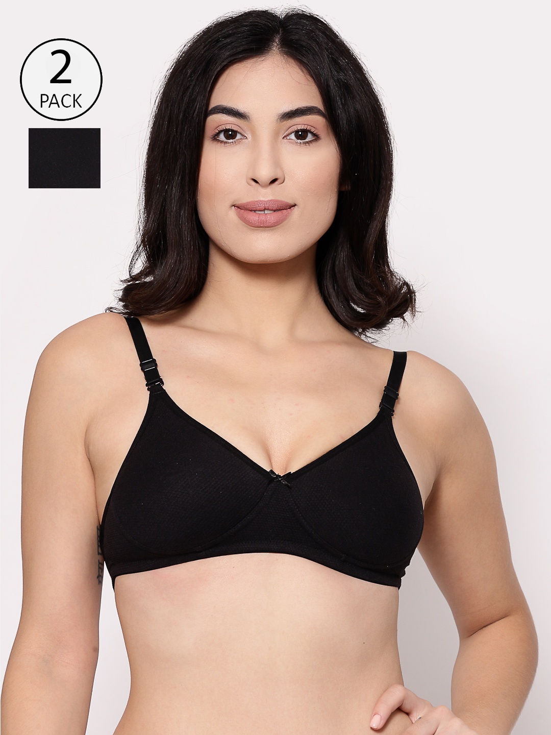 

Inner Sense Pack Of 2 Solid Non-Wired Non Padded Antimicrobial T-shirt Bra ISB100, Black