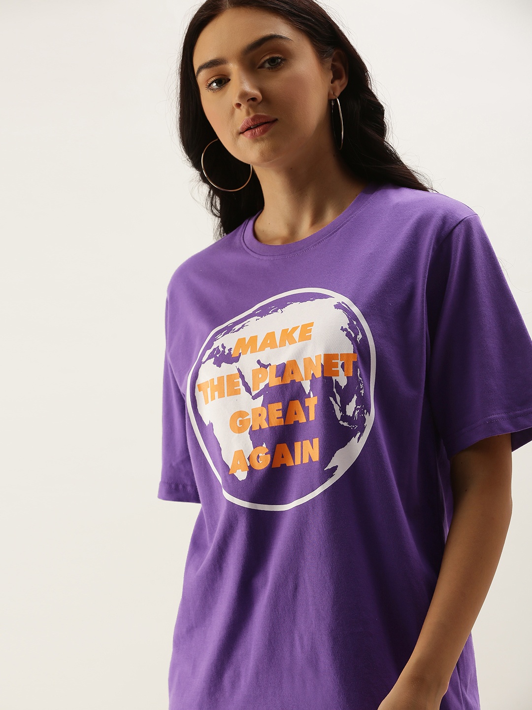 

DILLINGER Women Violet Orange Printed Round Neck Oversized Pure Cotton T-shirt