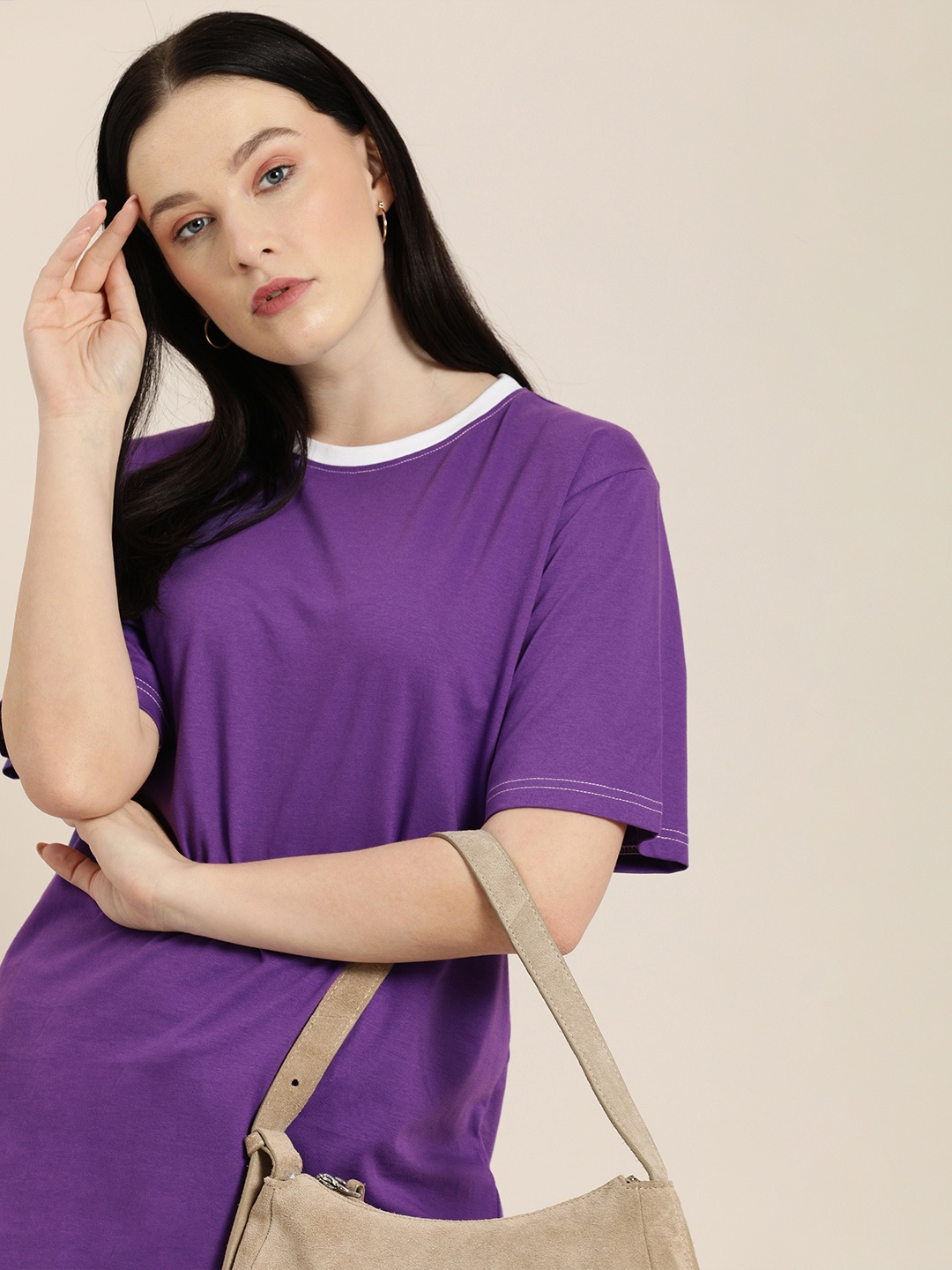 

DILLINGER Women Violet Solid Cotton Oversized Pure Cotton T-shirt