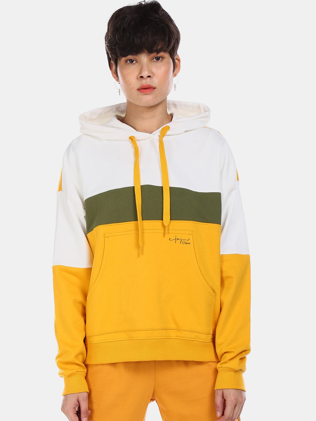 

Flying Machine Women Yellow & White Colourblocked Sweatshirt
