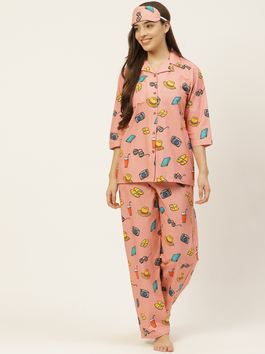 

Rapra The Label Women Peach-Coloured & Blue Quirky Print Cotton Night Suit With Eye Mask