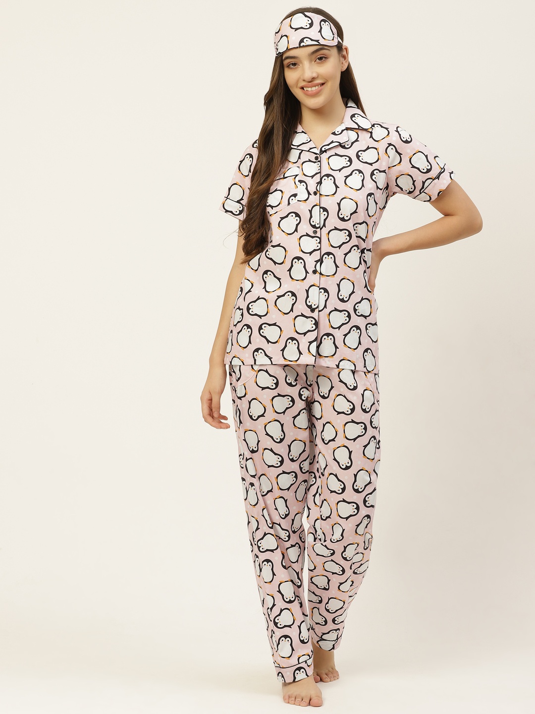 

Rapra The Label Women Pink & Black Penguin Print Pure Cotton Night Suit With Eye Mask