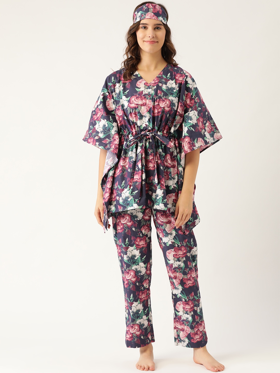 

Rapra The Label Women Navy Blue & White Printed Cotton Night suit & Eye Mask