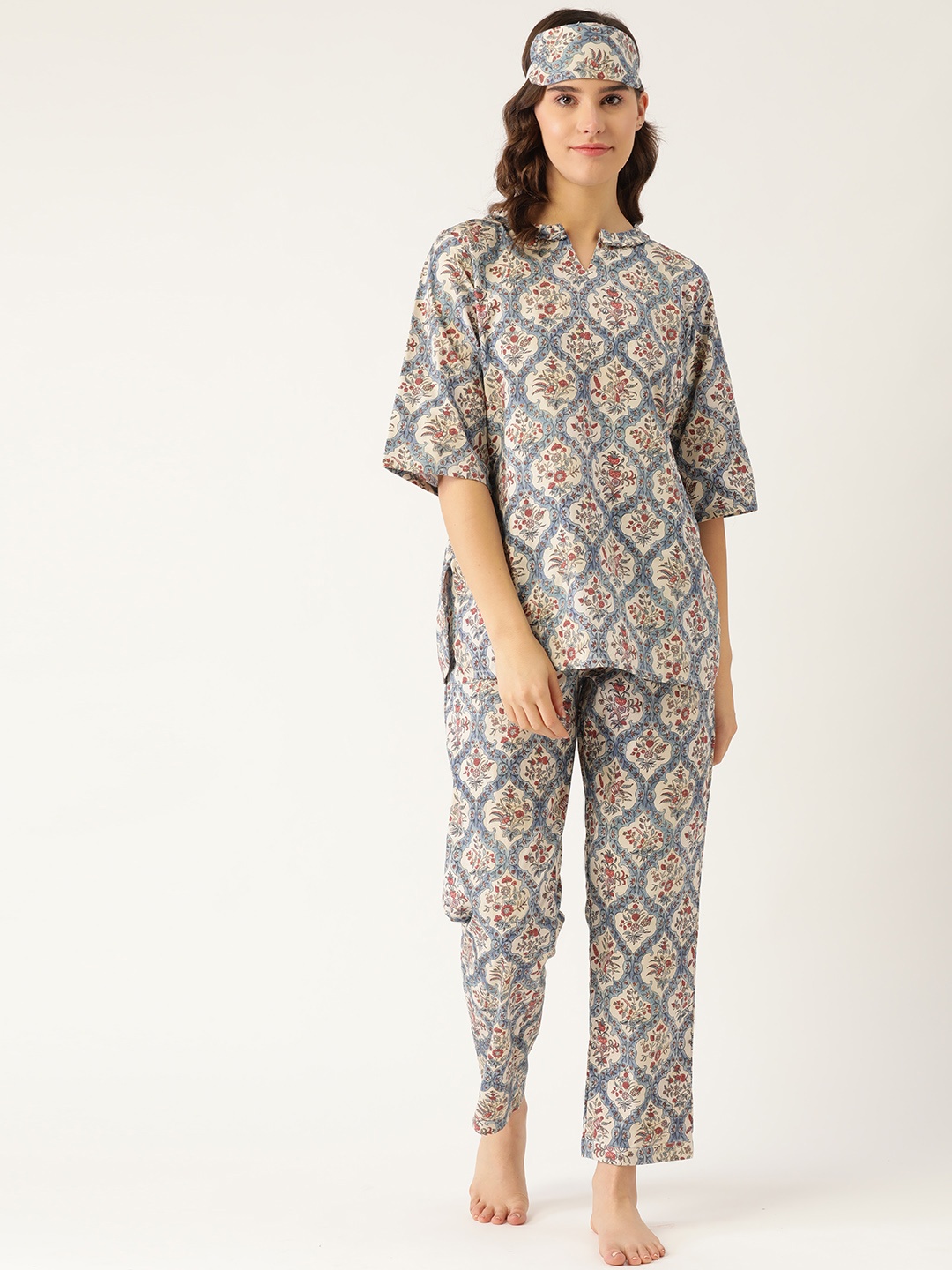 

Rapra The Label Women Blue & Cream-Coloured Printed Pure Cotton Night Suit With Eye Mask