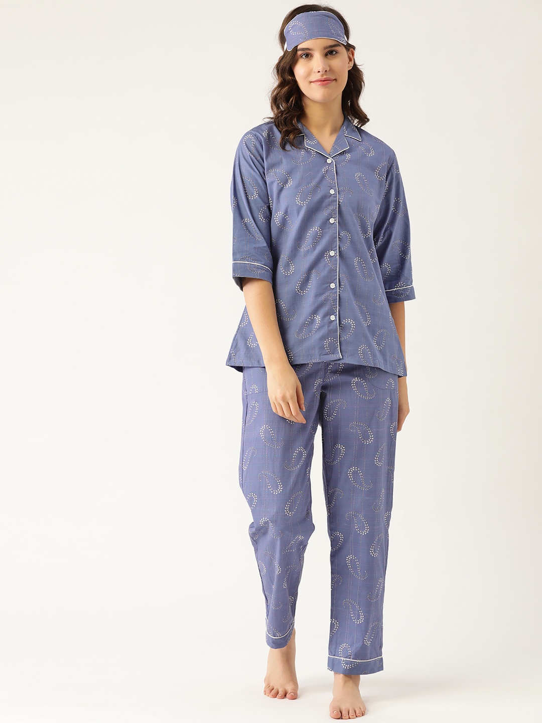 

Rapra The Label Women Blue & White Cotton Printed Night suit With An Eye Mask