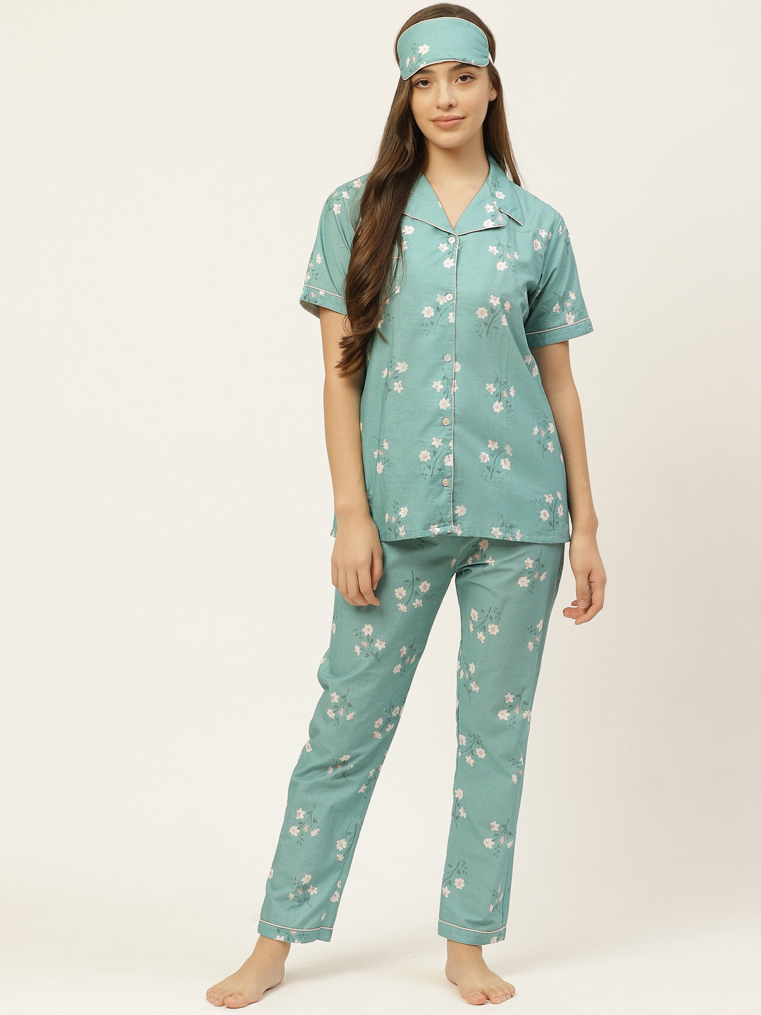 

Rapra The Label Women Sea Green & White Printed Night suit