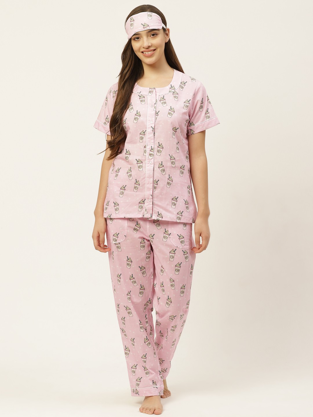 

Rapra The Label Women Pink & White Milkshake Print Pure Cotton Night Suit With Eye Mask