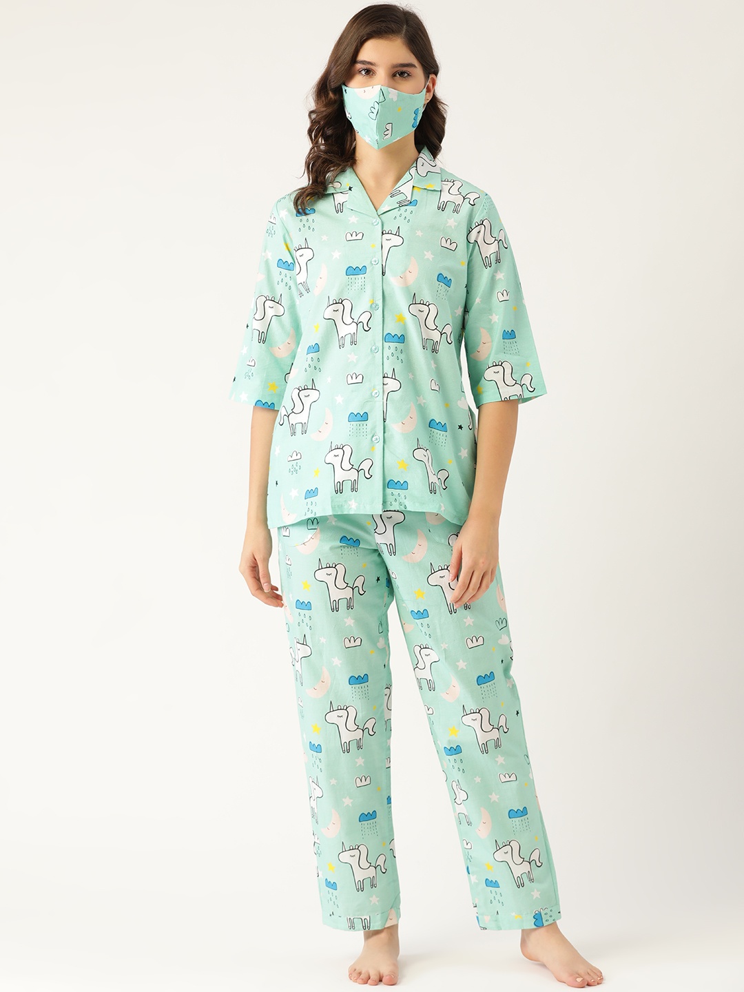 

Rapra The Label Women Green White Cotton Quirky Printed Night suit, Blue