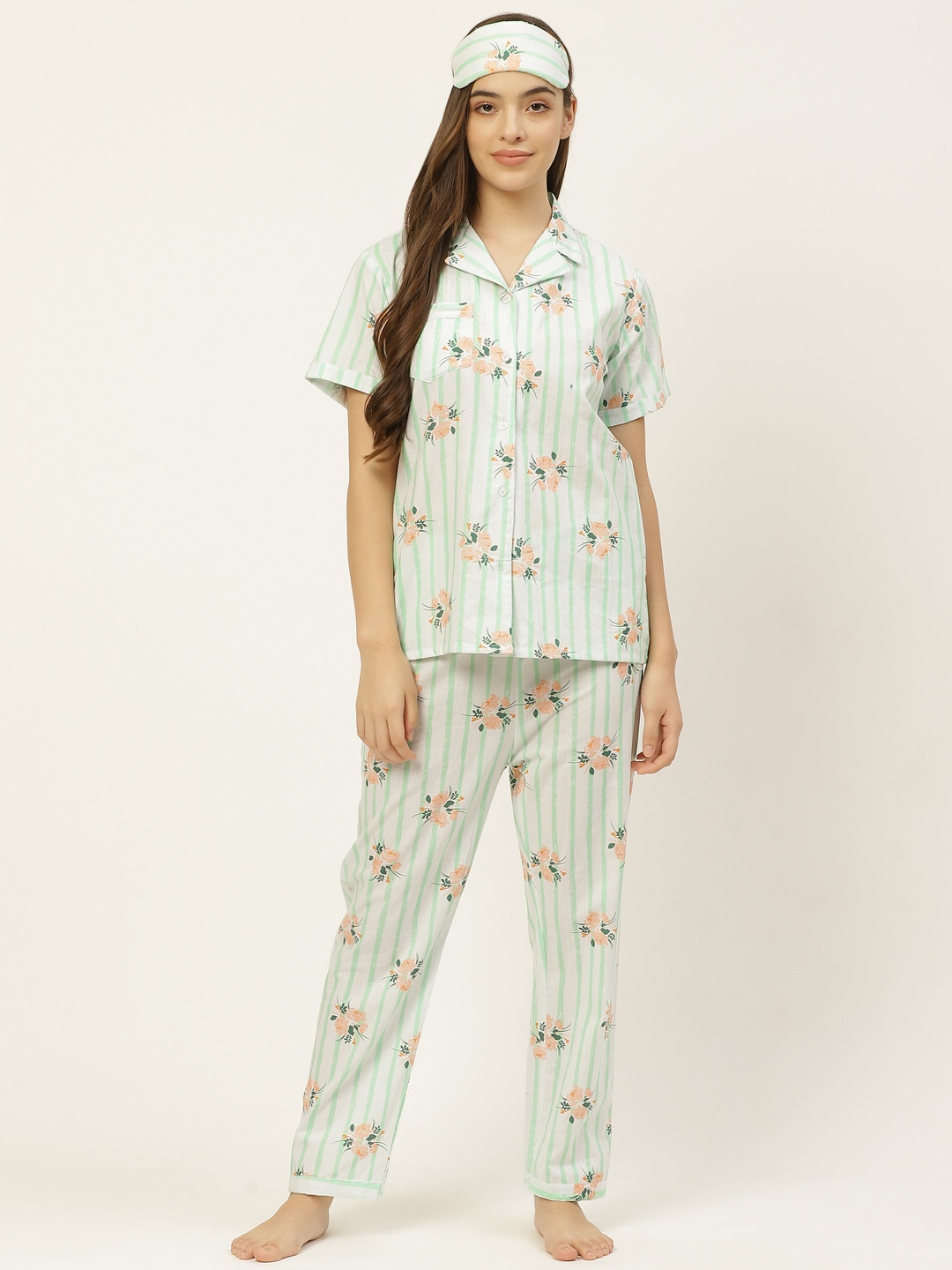 

Rapra The Label Women White & Sea Green Cotton Floral Print Night suit With An Eye Mask