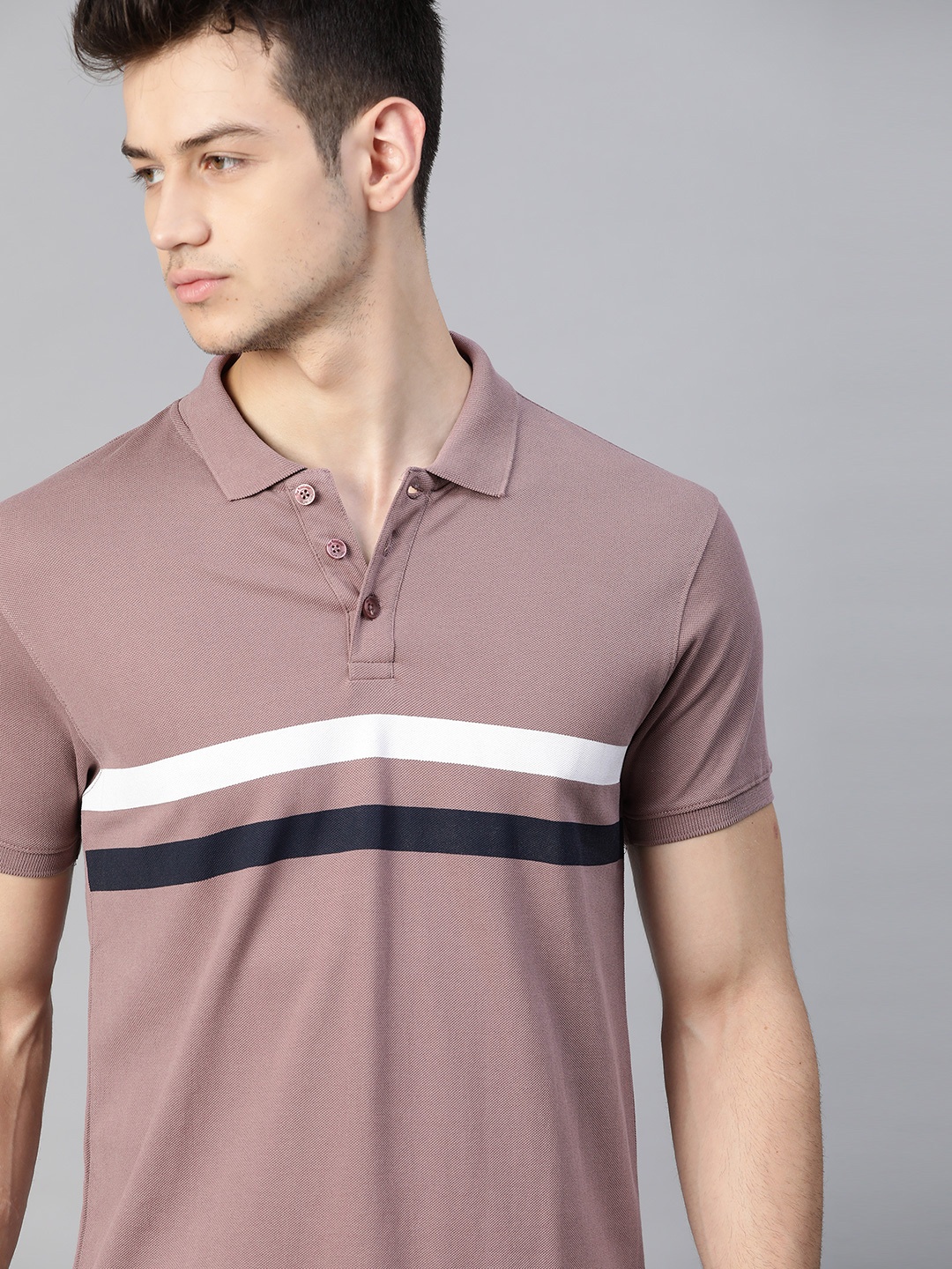 

The Roadster Lifestyle Co Men Mauve White Striped Polo Collar Pure Cotton T-shirt