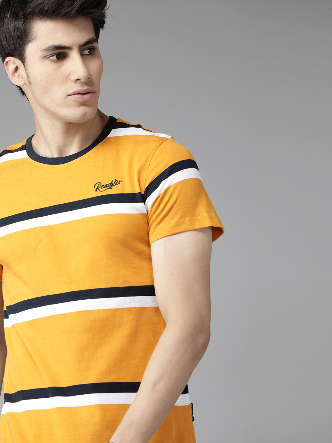 

The Roadster Lifestyle Co Men Mustard Yellow & White Striped Cotton T-shirt
