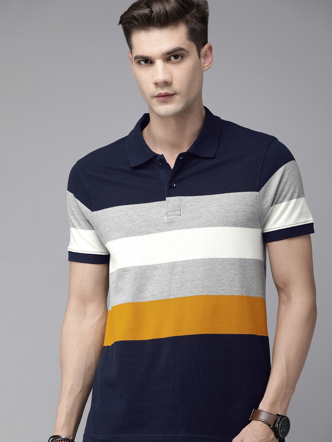 

The Roadster Lifestyle Co Men Navy Blue Grey Striped Polo Collar Compression Pure Cotton T-shirt