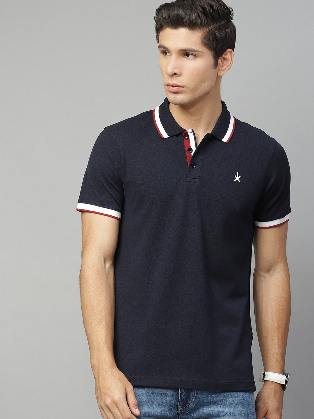 

The Roadster Lifestyle Co Men Navy Blue Cotton Polo Collar Pure Cotton T-shirt