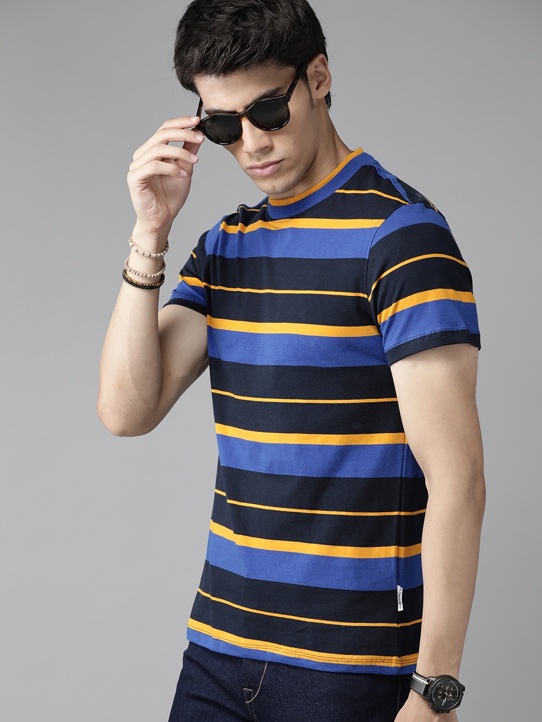

Roadster Men Navy Blue Yellow Striped Pure Cotton T-shirt