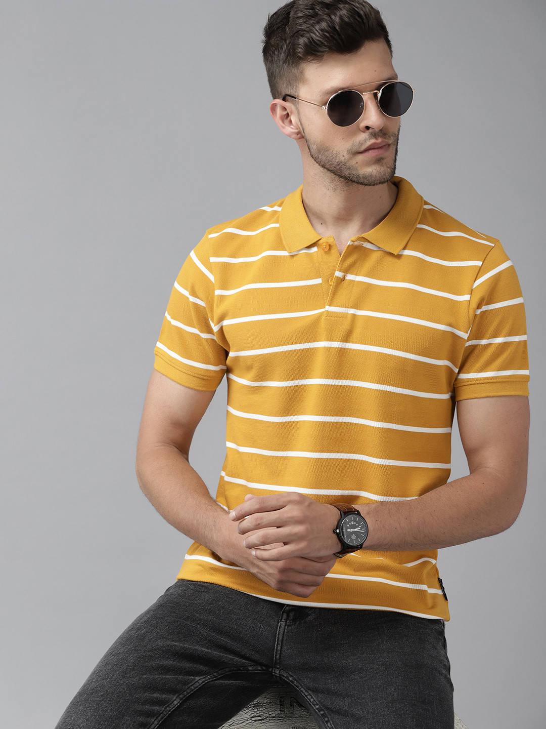 

Roadster Men Mustard Yellow & White Striped Polo Collar Pure Cotton T-shirt