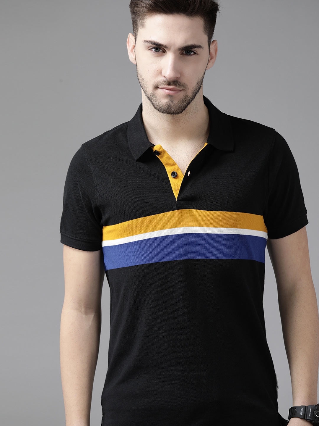 

Roadster Men Black Blue Striped Cotton Polo Collar T-shirt
