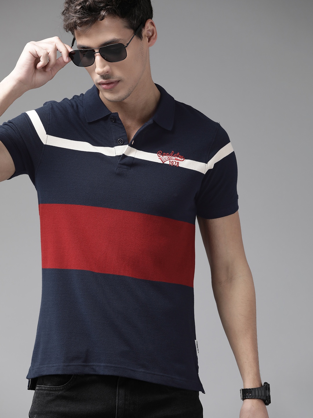 

The Roadster Lifestyle Co Men Navy Blue & Red Colourblocked Polo Collar Pure Cotton T-shirt