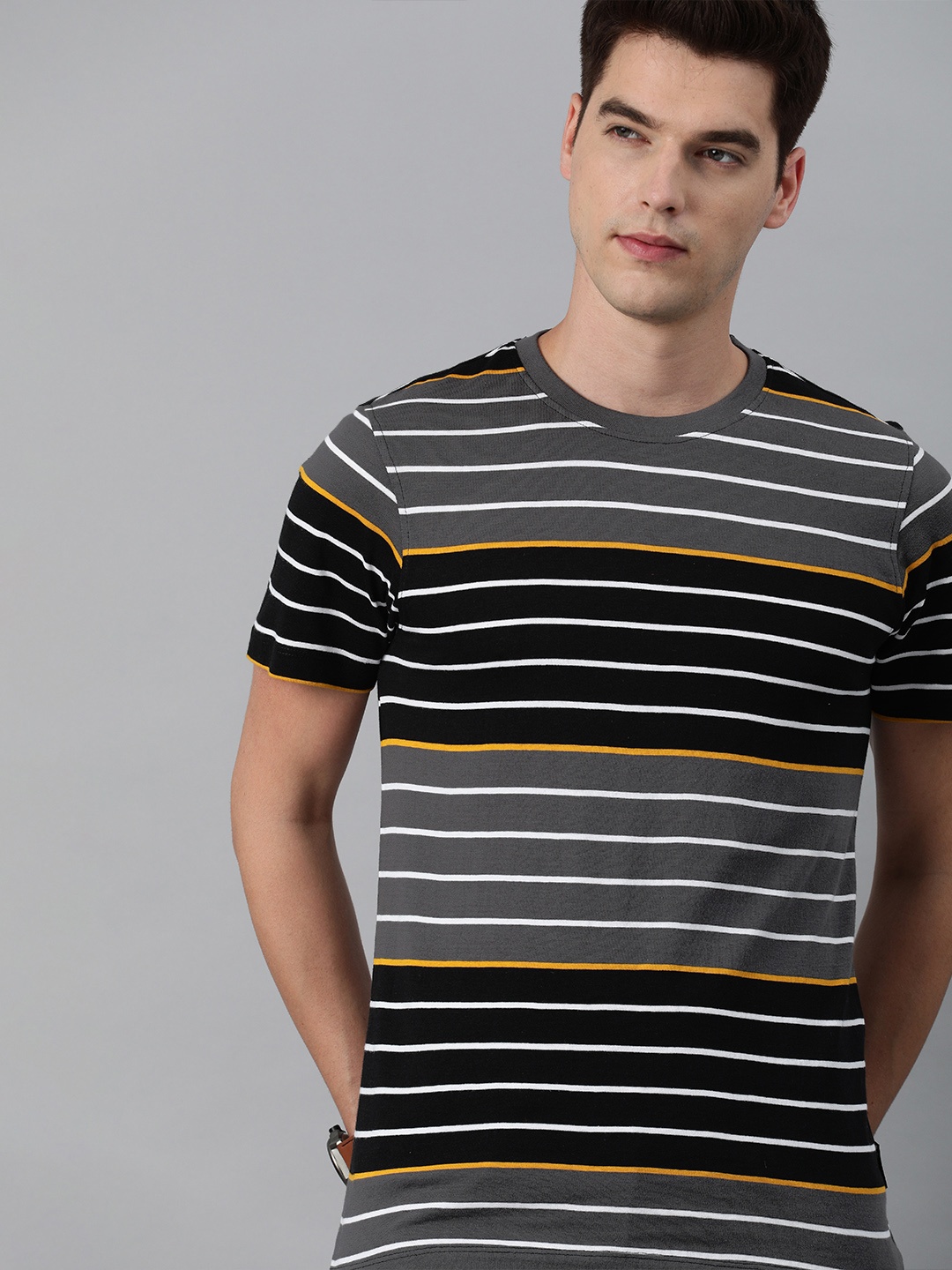 

The Roadster Lifestyle Co Men Black Grey Striped Pure Cotton T-shirt