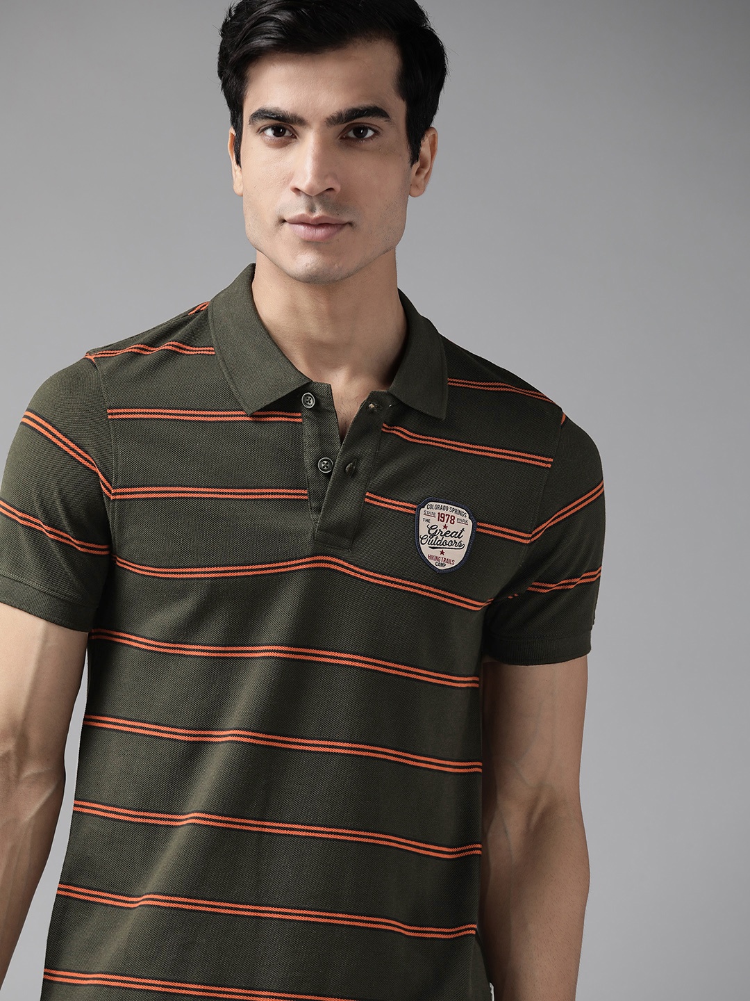 

The Roadster Lifestyle Co Men Olive Green & Orange Striped Cotton Polo Collar Applique T-shirt