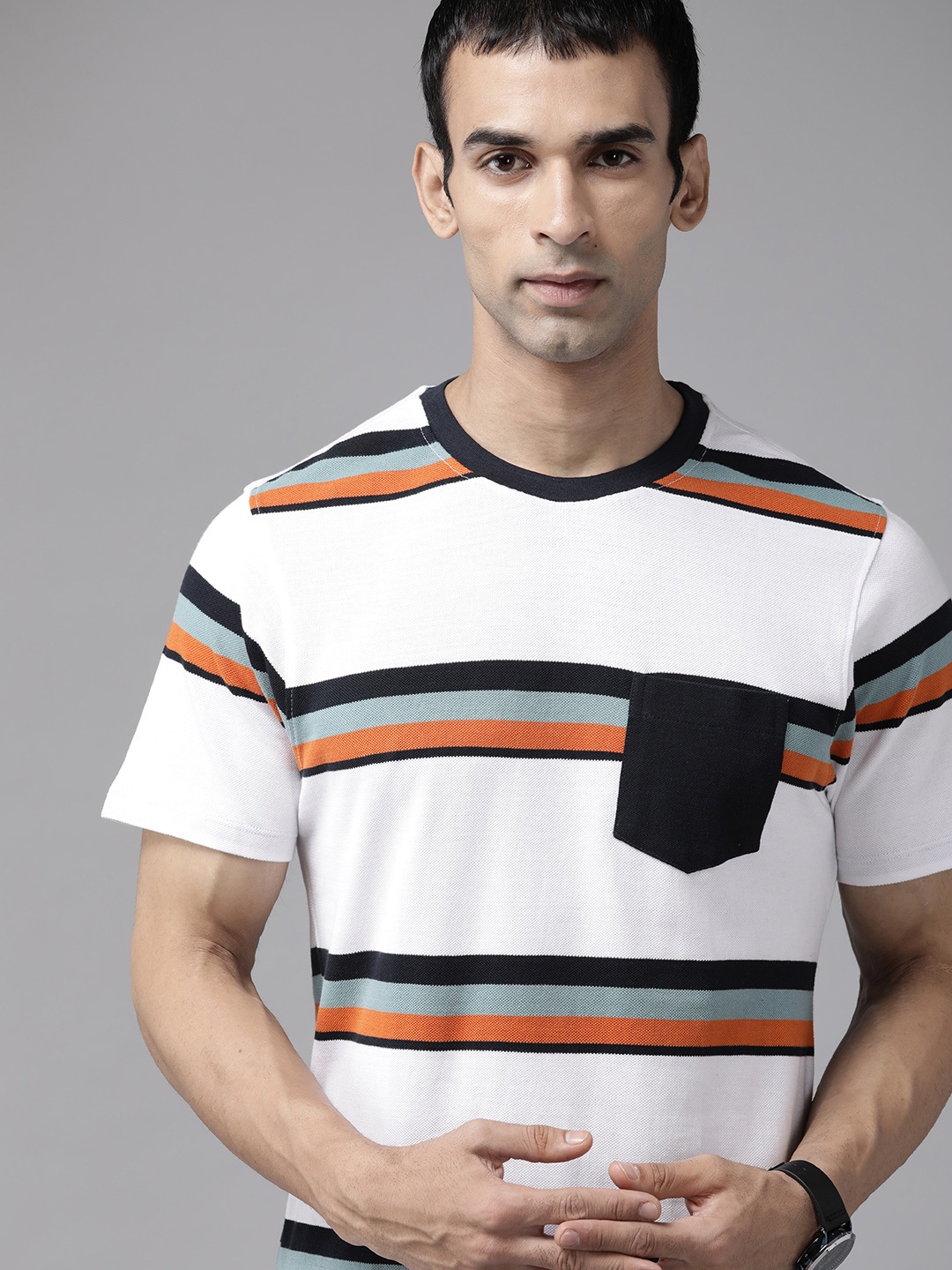 

The Roadster Lifestyle Co Men White & Black Pure Cotton Striped Pocket T-shirt
