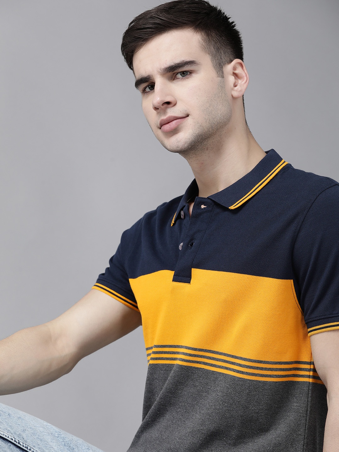 

The Roadster Lifestyle Co Men Charcoal Grey Mustard Yellow Colourblocked Pure Cotton Polo Collar Pure Cotton T-shirt